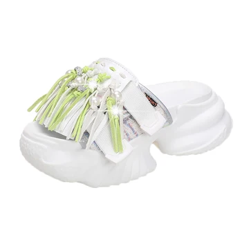 7 CM Platforma dámske Sandále Módne Letné Pearl Papuče Ženy Hrubé Soled Plážové Sandále Bežné Otvoriť Leňoch Robustné Topánky Žena