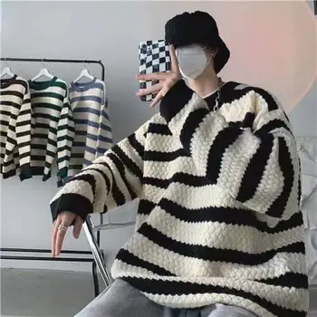 Kórejský pruhovaný sveter pánske jesenné a zimné oblečenie pre mužov zodpovedajúce študent módne značky, trendy pánske voľné sveter y2k topy
