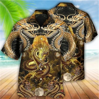Nové Havajské Košele Zvierat Dragon Tričko Letné Voľné Priedušná pánske Krátke Puzdre Tričko 3D Vytlačené Kubánskej Golier pánske Oblečenie