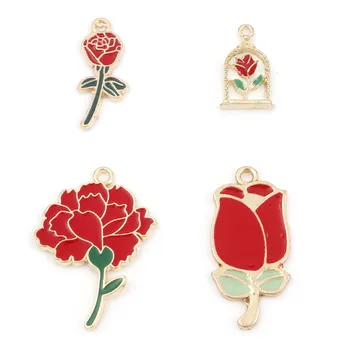 Sladká Valentína zobrazili kľúčové tlačidlá Červené, Zelené Ruže Kvet Smalt Zlatá Farba Kovové Prívesky DIY Náušnice Ženy Šperky Zistenia,10PCs