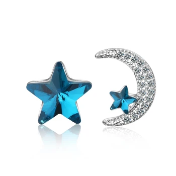 Skutočné 925 Sterling Silver Asymetrický Moon Star Sapphire Oslňujúci CZ Stud Náušnice Pre Ženy Office Lady Jemné Šperky DA2945