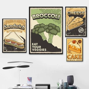 Retro Potravín Brokolica Sandwich Plagáty Jedz Zeleninu, Plátno, Maľovanie Škôlky Moderných obrazov na Stenu pre Obývacia Izba Domova