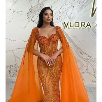 Luxusné Perly Sequined Prom Šaty Orange Fashion Square Golier, Čipka Party Šaty Elegantné Dĺžka Podlahy Morská Víla Ženy Večerné Šaty