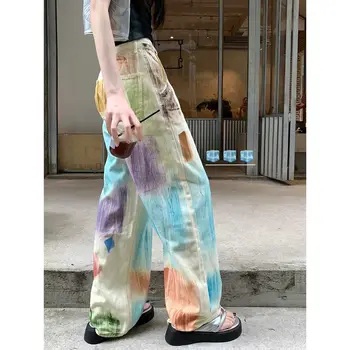 STSVZORR Y2K maľované džínsy s vysokým pásom dizajn a širokú nohu rovnou nôh nohavice dámske oblečenie