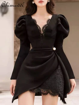 Hepburn Štýl Tesný Pás V-neck dámske Šaty 2023 Jeseň Čierny Obláčik Rukáv Fashion Európskej Americký Štýl Čipky A - Line Šaty