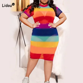 Jarné Letné Oblečenie pre Ženy Sexy Pohľadu Kolo Krku Rainbow Pruhované Tlač Krátky Rukáv Klub Plus Veľkosť Midi Šaty