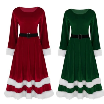 Velvet Vianočné Šaty Jeseň Zima Dlhý Rukáv Cosplay Santa Claus Party Šaty Zelené/Červené Polovici Teľa Červené Šaty Na Nový Rok Oblečenie