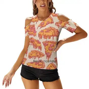 Pizza Vzor Žena Tshirts Tlačených Topy O-Krku Späť Sťahovacie Top Fashion Grafické Tričko Pizza Potravín Rýchleho Občerstvenia Farby, Farebné