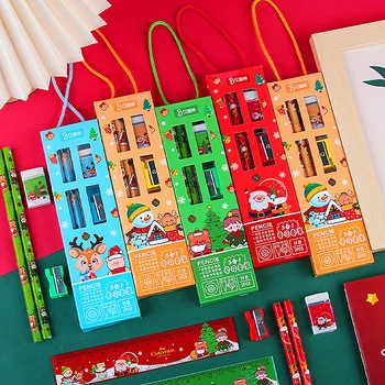 5 ks/set Vianočných Pen Set Roztomilé Ceruzky Sharpener Gumu Pre Deti Vianočný Darček Školské potreby Vianočný Papiernictvo