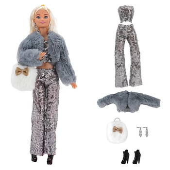 NK Úradný 1 Ks hranie Rolí študent bábika oblečenie: sivý kabát+top+nohavice+náušnice+taška+vysoké podpätky Pre Bábiku Barbie DIY Oblečenie