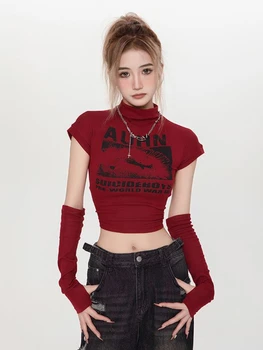 HOUZHOU Y2k Červená Topy pre Ženy Vintage 2000s Estetické Kpop T-shirts Grunge kórejský Dlhý Rukáv Gyaru Streetwear Harajuku Acubi