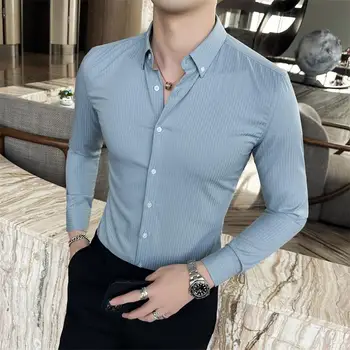 Móda Plus Bežné Veľkosti 4XL pánske Oblečenie Jeseň Slim Fit Business Dlhý Rukáv Mužov Pruhované Tričko Topy Camisa Sociálne Masculinas
