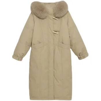 Zimný Kabát pre Ženy Módne Luxusné Kapucňou Vlasy Golier Dolu Coats Voľné Nadrozmerné Vetru Hrubé Teplé Biele Kačacie Nadol Bunda
