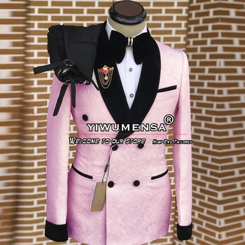 Hot Pink Obleky Mužov, Svadobné Black Velvet Klope Bunda, Nohavice 2 Ks Nevesty Nosiť Smoking Plus Veľkosť Dvojité Breasted Sako Sady