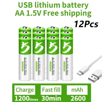 USB nabíjateľné lítium-iónové batérie pre hračky,teplomery a hodinky hráčov, klávesnice 1,5 V 2600mAh AA nabíjateľné batérie